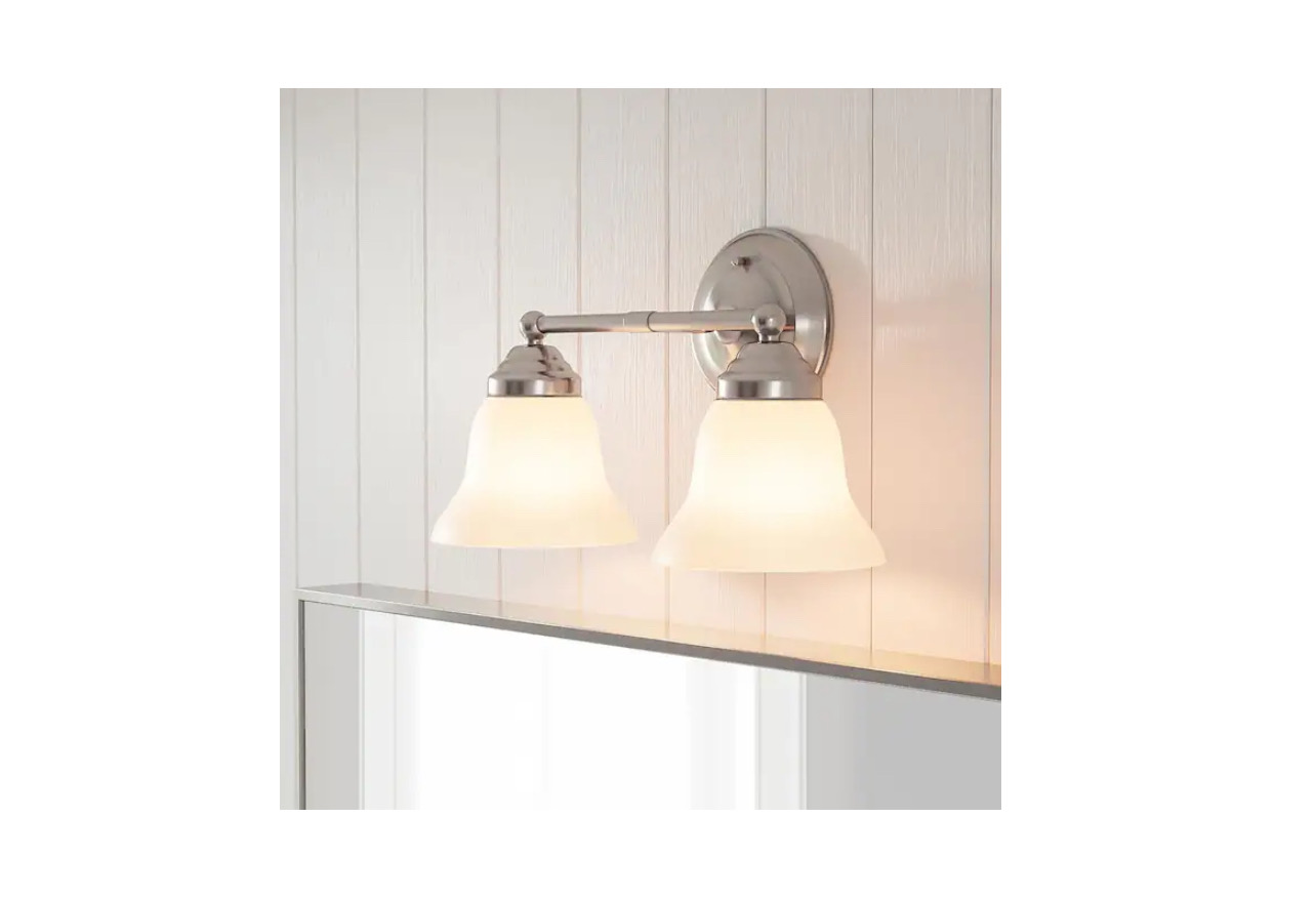 Hampton Bay Ashhurst 2-Light Brushed Nickel Vanity Light with Frosted Glass Shades