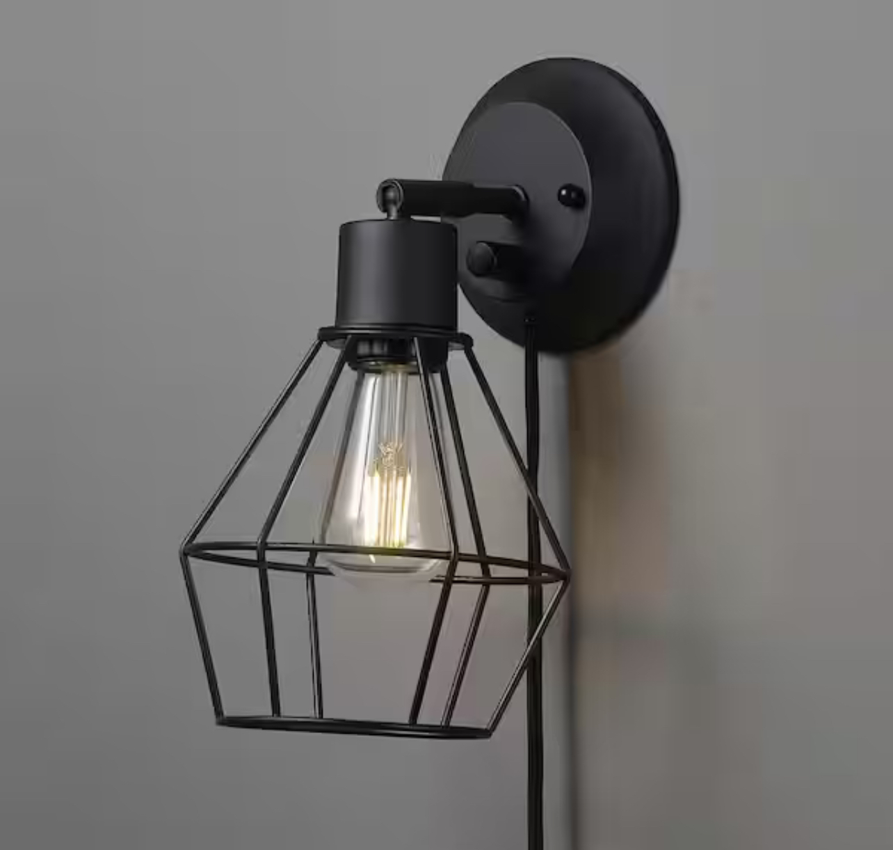 Hampton Bay Bryson 1-Light Matte Black Wall Sconce, Plug-In or Hardwired