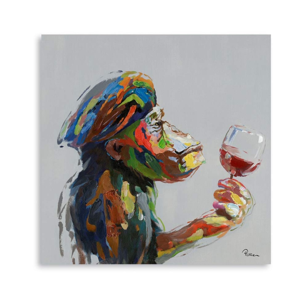 YIDEPOT 24"x24" Thinking Monkey Drinking Wine Hand Painted Wall Art Canvas Painting, Wood Framed