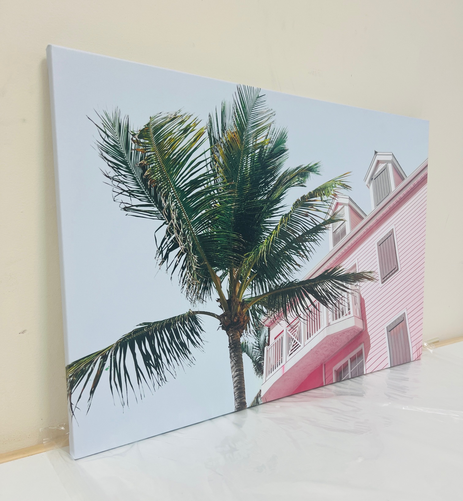 Palm Tree Pink House Tropical Theme Wall Art Canvas Print, Wooden Framed, Read to Hang (24"x16")