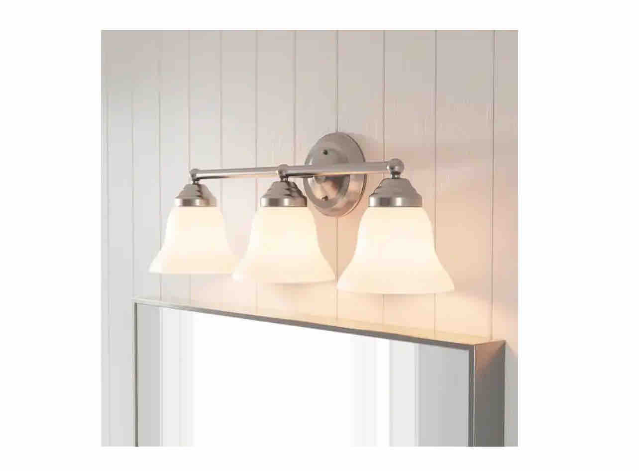 Hampton Bay Ashhurst 3-Light Brushed Nickel Classic Traditional Bathroom Vanity Light with Frosted Glass Shades