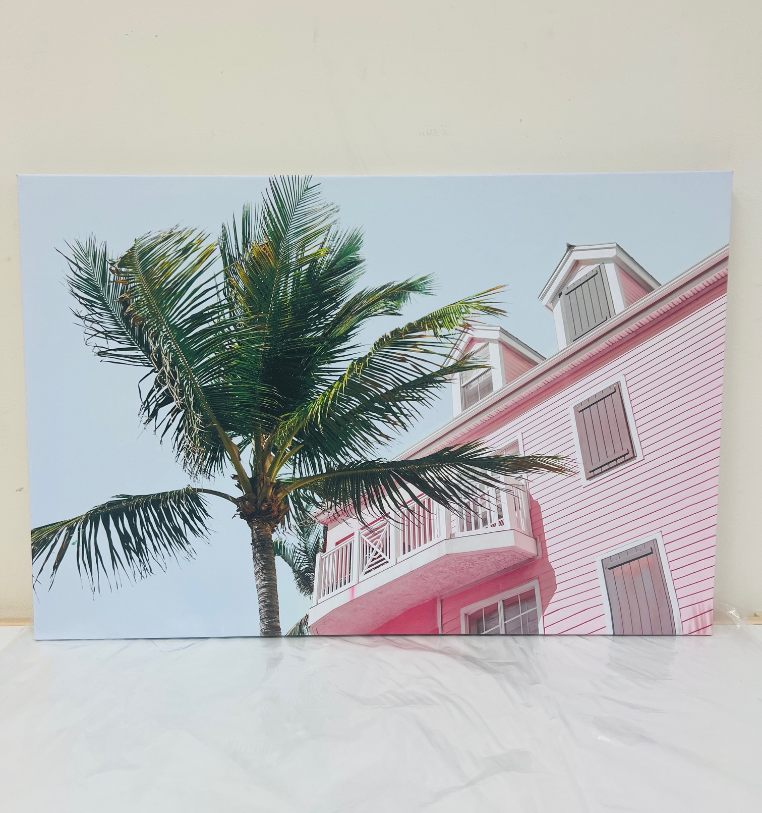 Palm Tree Pink House Tropical Theme Wall Art Canvas Print, Wooden Framed, Read to Hang (24"x16")