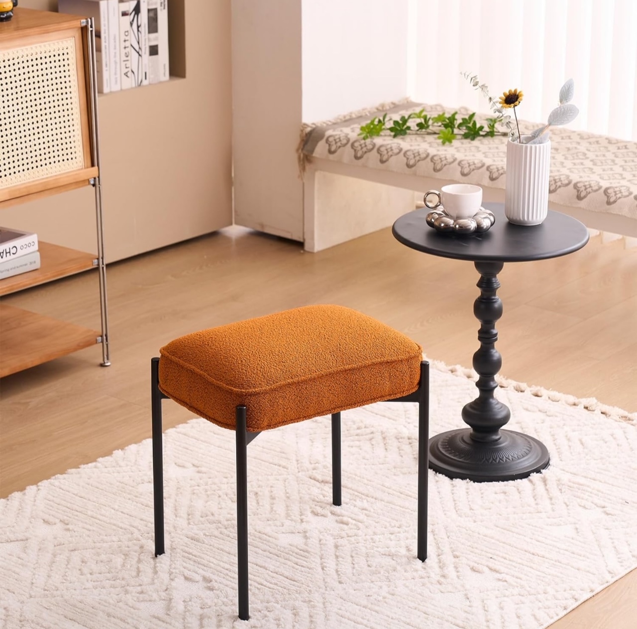 YOUNIKE Ottoman Foot Stool with Metal Legs and Upholstered Teddy Velvet Cushion