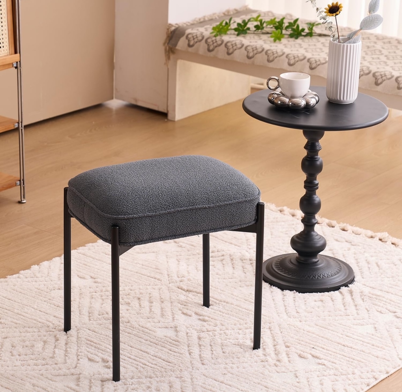 YOUNIKE Ottoman Foot Stool with Metal Legs and Upholstered Teddy Velvet Cushion