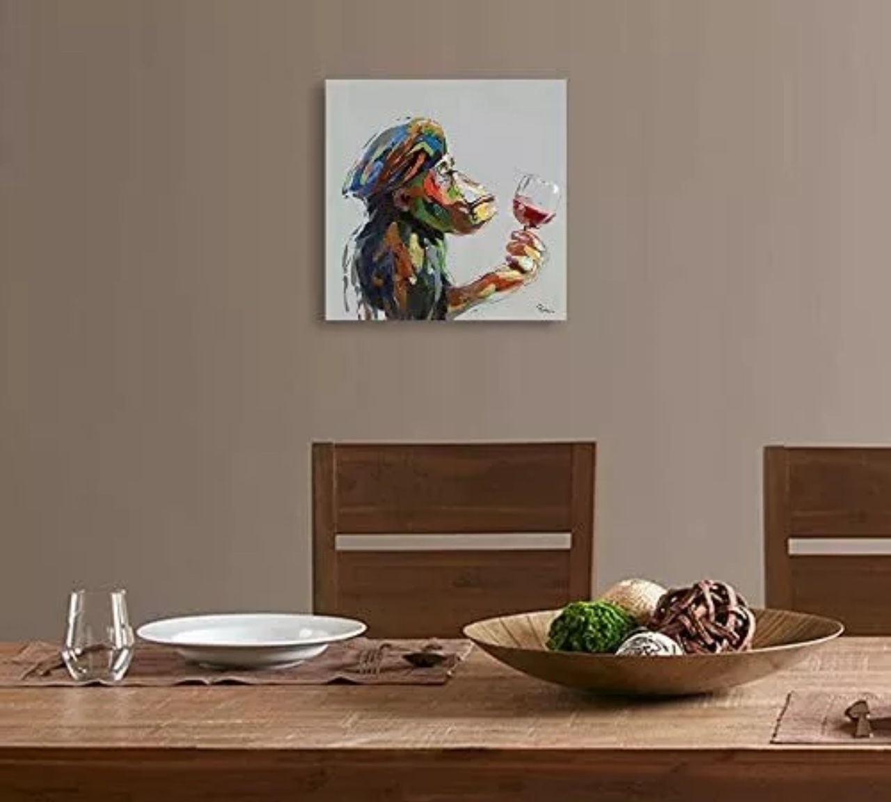 YIDEPOT 24"x24" Thinking Monkey Drinking Wine Hand Painted Wall Art Canvas Painting, Wood Framed