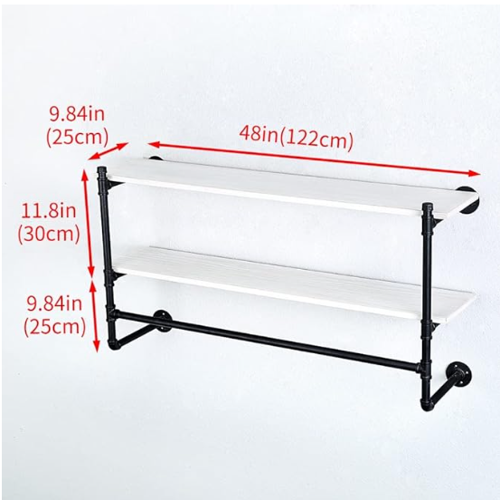 48 in. - (2 Layer) Industrial Pipe Clothing Rack Wall Mounted Wood Shelf