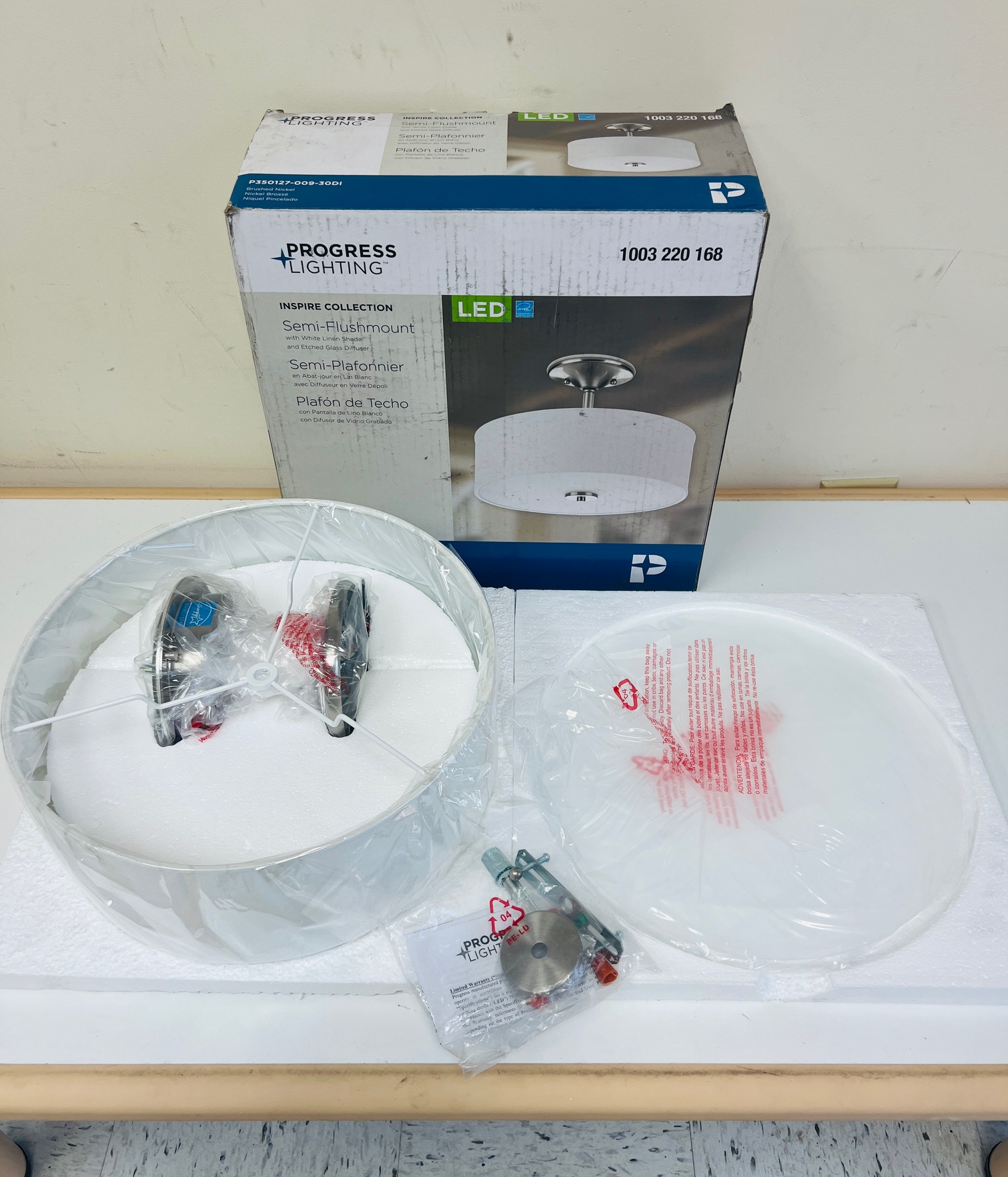 Progress Lighting 13" Integrated LED Brushed Nickel Semi-Flush Ceiling Mount with White Linen Shade