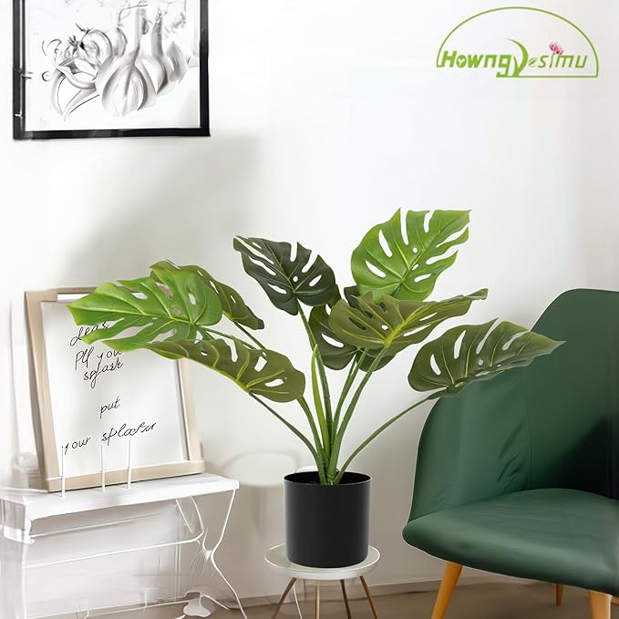 Howngyesimu 2Pack Artificial Monstera Fake Plant, 24 Inch Artificial Tropical Palm Tree with Pot for Indoor Home Office Living Room DÃ©cor
