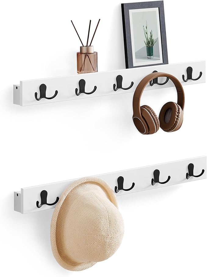 SONGMICS Coat Hooks Wall Mount, Coat Hanger Wall Mount, Set of 2 Coat Hooks Wall Mounted, 10 Double Metal Hooks for Bags,Living Room, Bedroom, Each Loads up to 55 lb, Cloud White ULCR052W01