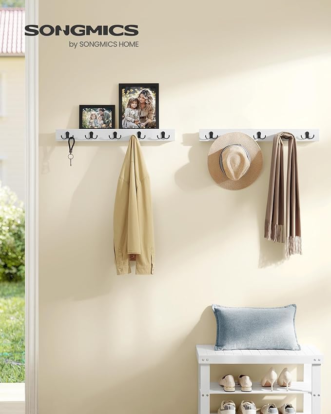 SONGMICS Coat Hooks Wall Mount, Coat Hanger Wall Mount, Set of 2 Coat Hooks Wall Mounted, 10 Double Metal Hooks for Bags,Living Room, Bedroom, Each Loads up to 55 lb, Cloud White ULCR052W01