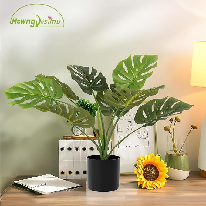 Howngyesimu 2Pack Artificial Monstera Fake Plant, 24 Inch Artificial Tropical Palm Tree with Pot for Indoor Home Office Living Room DÃ©cor