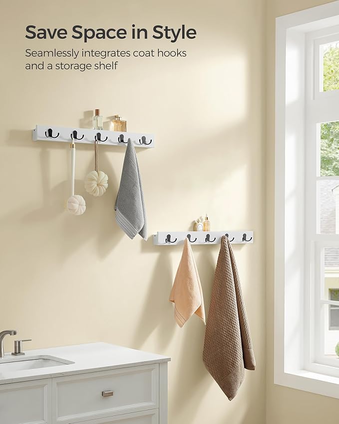 SONGMICS Coat Hooks Wall Mount, Coat Hanger Wall Mount, Set of 2 Coat Hooks Wall Mounted, 10 Double Metal Hooks for Bags,Living Room, Bedroom, Each Loads up to 55 lb, Cloud White ULCR052W01