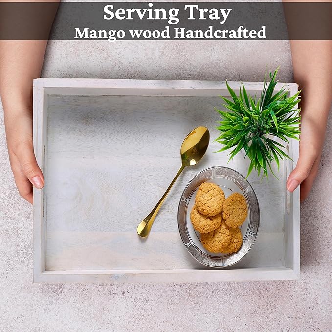 Mango Wood Serving Tray Handmade Metal Fruit Bowl Decorative Vanity Platter Tray, Kitchen Bathroom Counter Storage Counter Organizer - White Duck Black