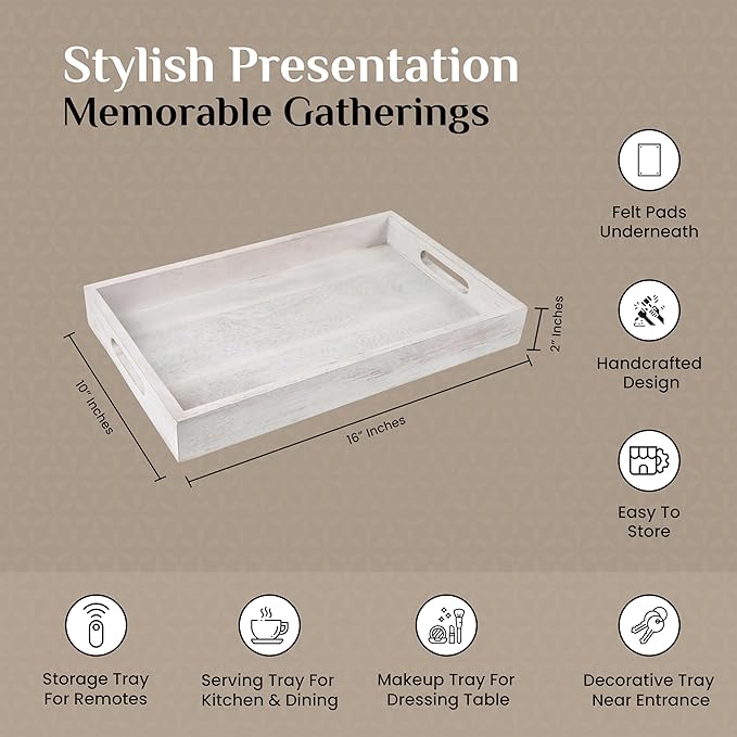 Mango Wood Serving Tray Handmade Metal Fruit Bowl Decorative Vanity Platter Tray, Kitchen Bathroom Counter Storage Counter Organizer - White Duck Black