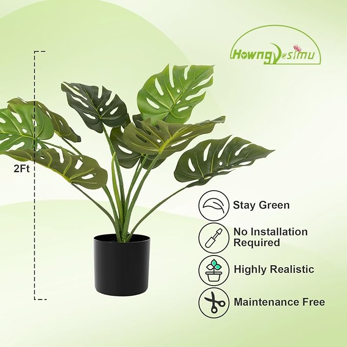 Howngyesimu 2Pack Artificial Monstera Fake Plant, 24 Inch Artificial Tropical Palm Tree with Pot for Indoor Home Office Living Room DÃ©cor