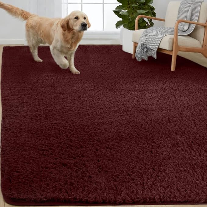 Gorilla Grip Soft Faux Fur Area Rug, Washable, Shed and Fade Resistant, Grip Dots Underside, Fluffy Shag Indoor Bedroom Rugs, Easy Clean, for Living Room Floor, Nursery Carpets, 6x9 FT, Burgundy