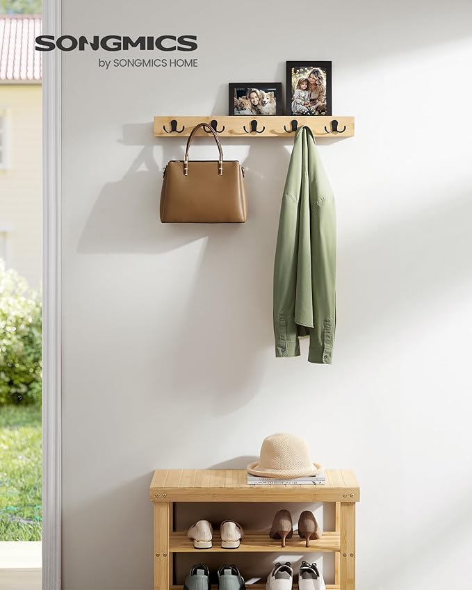 SONGMICS Coat Hooks Wall Mounted, Set of 2 Coat Rack Wall Mount, 10 Double Metal Hooks for Bags, Hats, and Towels, for Entryway, Living Room, Bedroom, Each Loads up to 55 lb, Natural Beige ULCR052N01