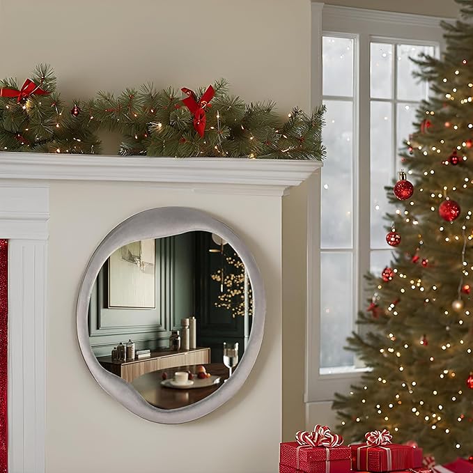 CAVINHOME Irregular Asymmetrical Wall Mirror- 24"x28"Gray Felt Fabric Padded Wavy Wall Mirror for Living Room, Bedroom, Hallway,Dressing Room & Farmhouse-Circular Cloud Vanity Mirror Decorative