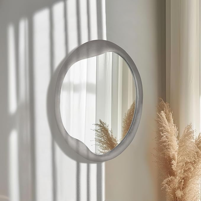 CAVINHOME Irregular Asymmetrical Wall Mirror- 24"x28"Gray Felt Fabric Padded Wavy Wall Mirror for Living Room, Bedroom, Hallway,Dressing Room & Farmhouse-Circular Cloud Vanity Mirror Decorative