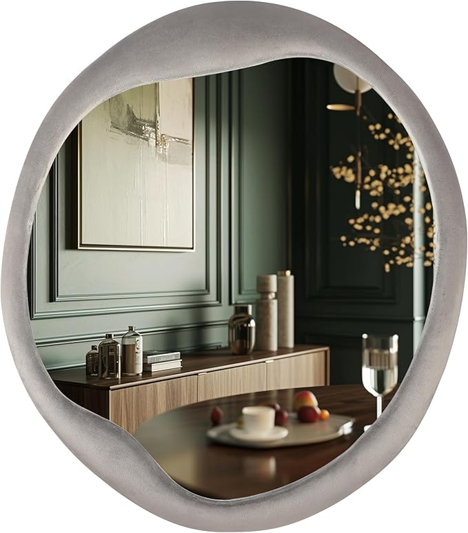 CAVINHOME Irregular Asymmetrical Wall Mirror- 24"x28"Gray Felt Fabric Padded Wavy Wall Mirror for Living Room, Bedroom, Hallway,Dressing Room & Farmhouse-Circular Cloud Vanity Mirror Decorative