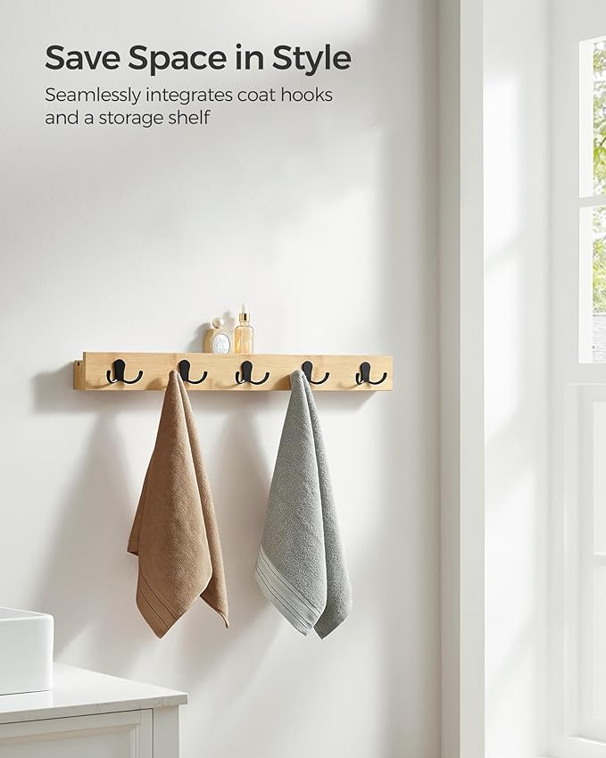 SONGMICS Coat Hooks Wall Mounted, Set of 2 Coat Rack Wall Mount, 10 Double Metal Hooks for Bags, Hats, and Towels, for Entryway, Living Room, Bedroom, Each Loads up to 55 lb, Natural Beige ULCR052N01
