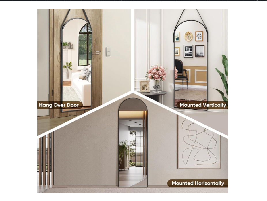 Antok Full Length Mirror, 16"x48" Wall Mirror Full Length, Wall-Mounted Mirror, Arched-Top Mirror, Body Mirror for Wall in Bedroom, Hanging Mirror with Aluminum Alloy Frame for Bathroom 16"x48"(Black)