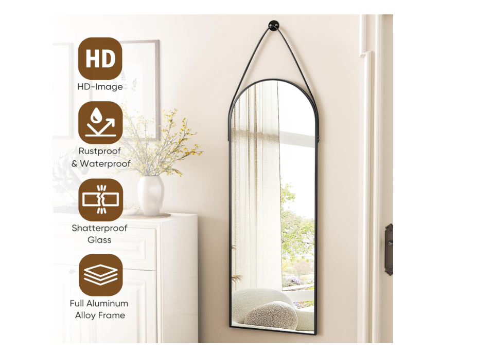Antok Full Length Mirror, 16"x48" Wall Mirror Full Length, Wall-Mounted Mirror, Arched-Top Mirror, Body Mirror for Wall in Bedroom, Hanging Mirror with Aluminum Alloy Frame for Bathroom 16"x48"(Black)
