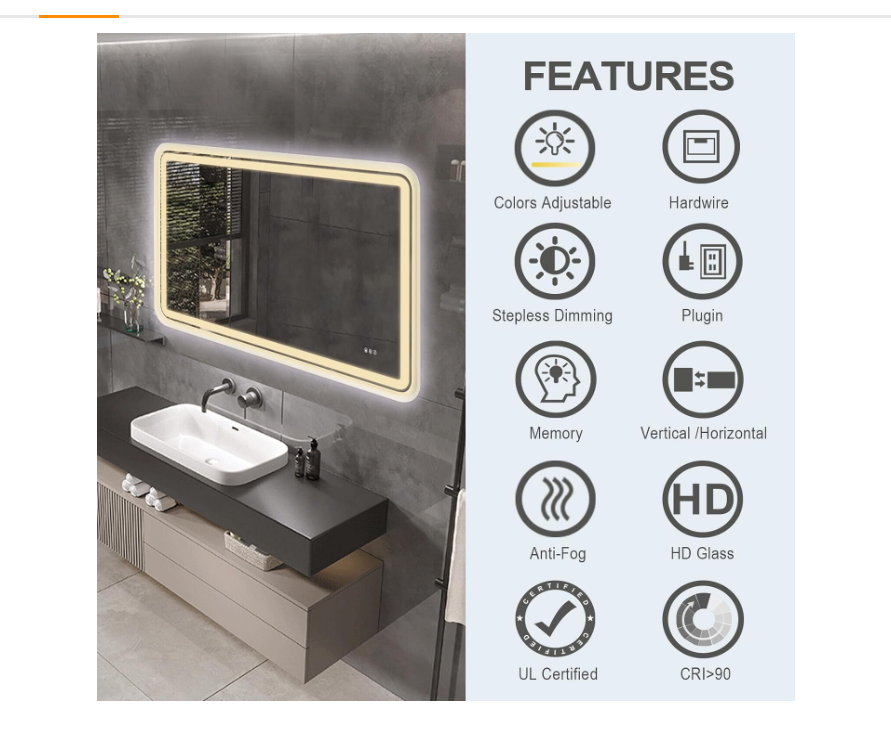 ANDY STAR 24 x 40’’ LED Bathroom Mirror RGB Backlit and Frontlit, Rounded Lighted Bathroom Mirror Anti-Fog Dimmable Memory Mirror Wall Mounted, CRI>90, White Metal Frame