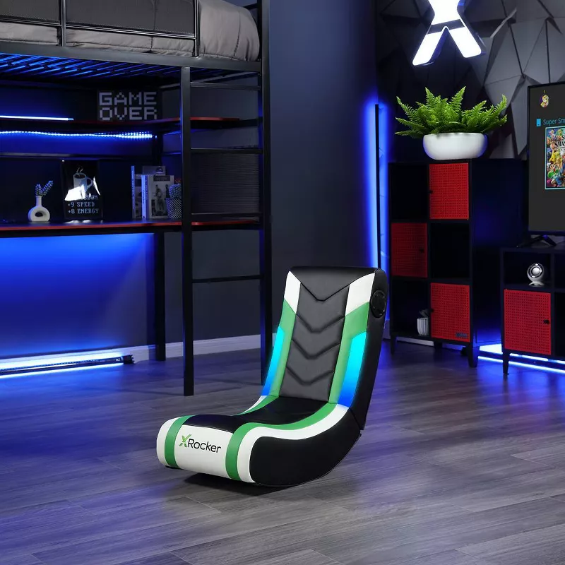 X Rocker Horizon RGB LED Audio Floor Rocker Gaming Chair Green/Black/White